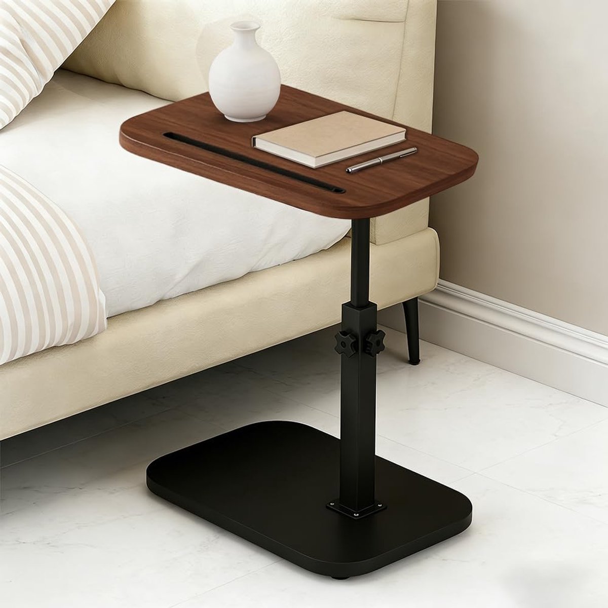 SnelShoppen - Hoogte Verstelbare C Tafel, Mobiele Side Table met 360 Graden Draaifunctie, Kleine Bijzettafel voor Bank of Bed, Waterdicht Kunsthout, B