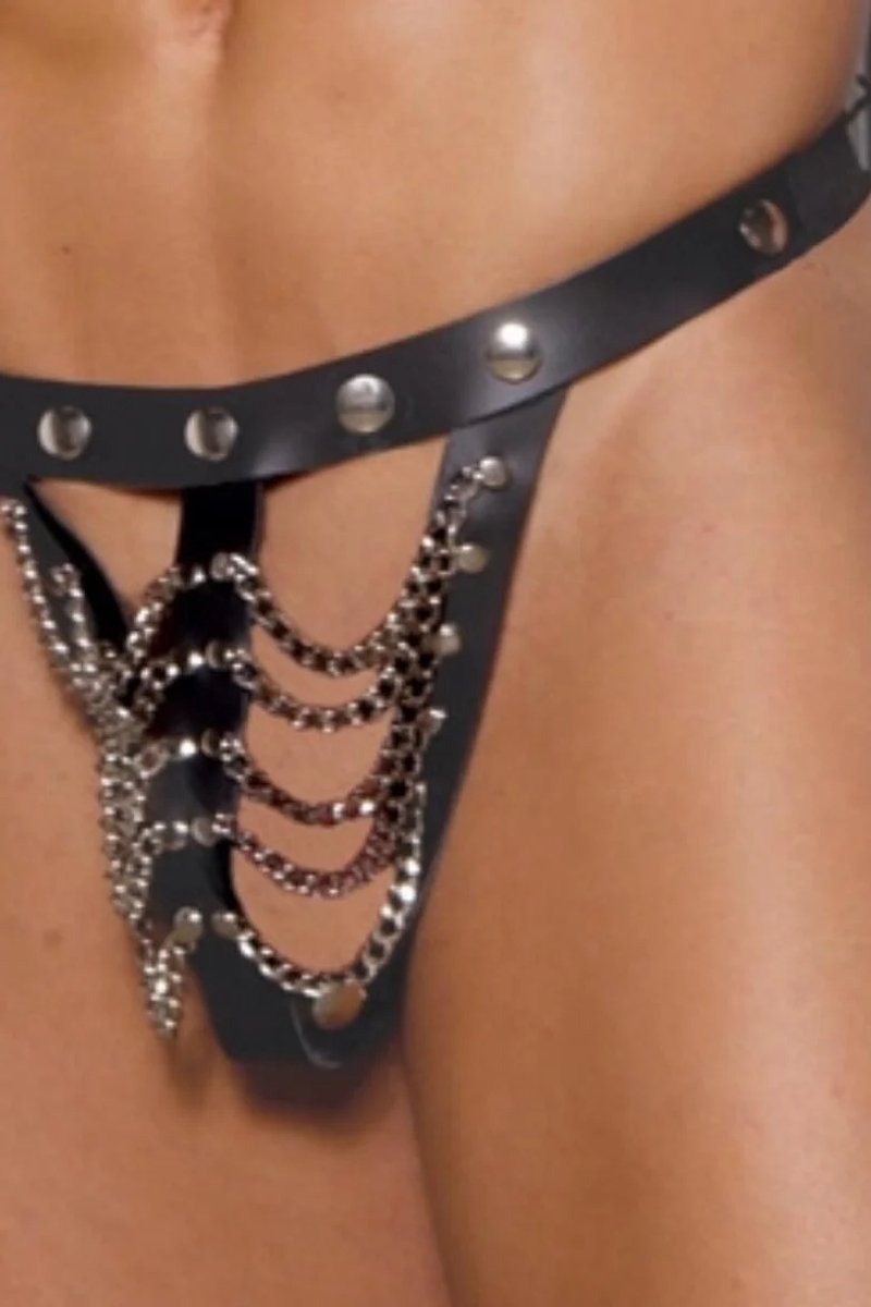 Heren Kunstleren Harness String Zwart met Ketting Details - Draagbare Body Harness met Bondage Elementen in Maten XS tot 4XL