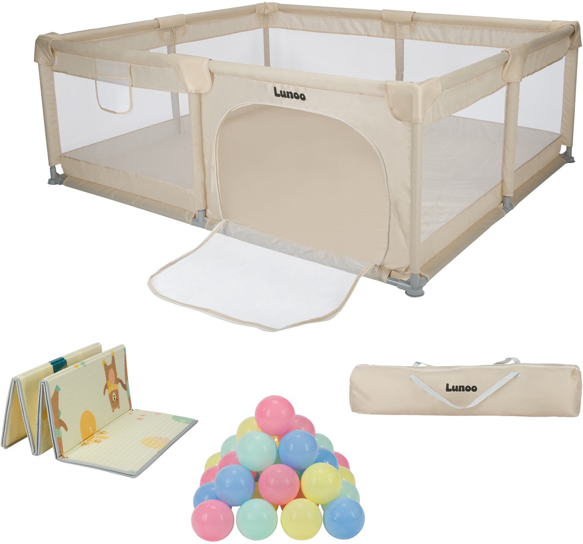 Lunoo Grondbox Speelbox Inklapbaar 120x180 cm - Opvouwbare Kinderbox - Playpen - Baby Box met Speelmat en 50 Speelballen - Draagtas Inbegrepen
