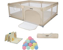 Lunoo Grondbox Speelbox Inklapbaar 120x180 cm - Opvouwbare Kinderbox - Playpen - Baby Box met Speelmat en 50 Speelballen - Draagtas Inbegrepen