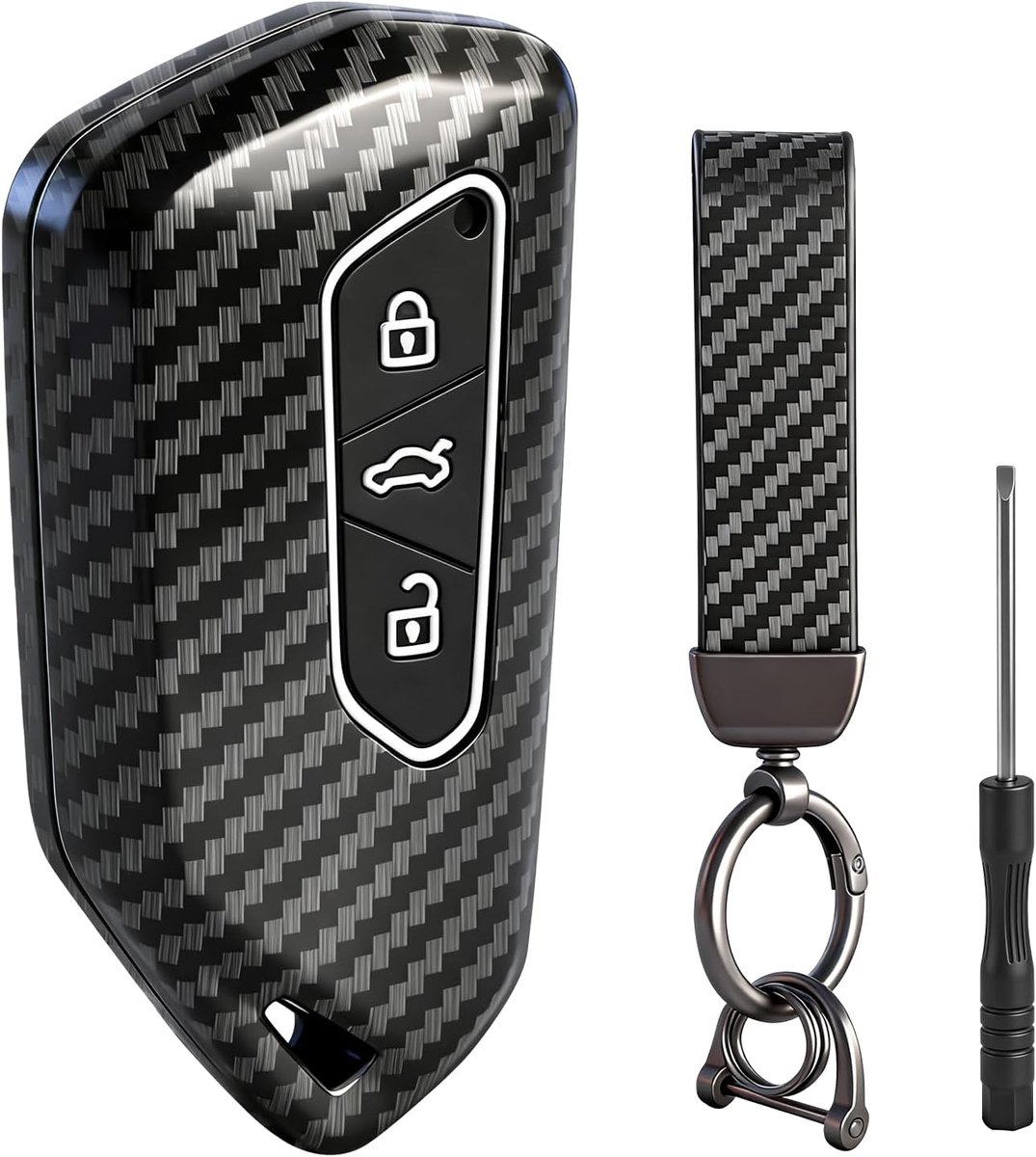 SnelShoppen - Sleutelhoes voor VW Golf 8, ID.3, ID.4, E-Golf, GTI, GTE Clubsport, Carbon Design, Auto Sleutel, 3 Sleutels met Sleutelhanger