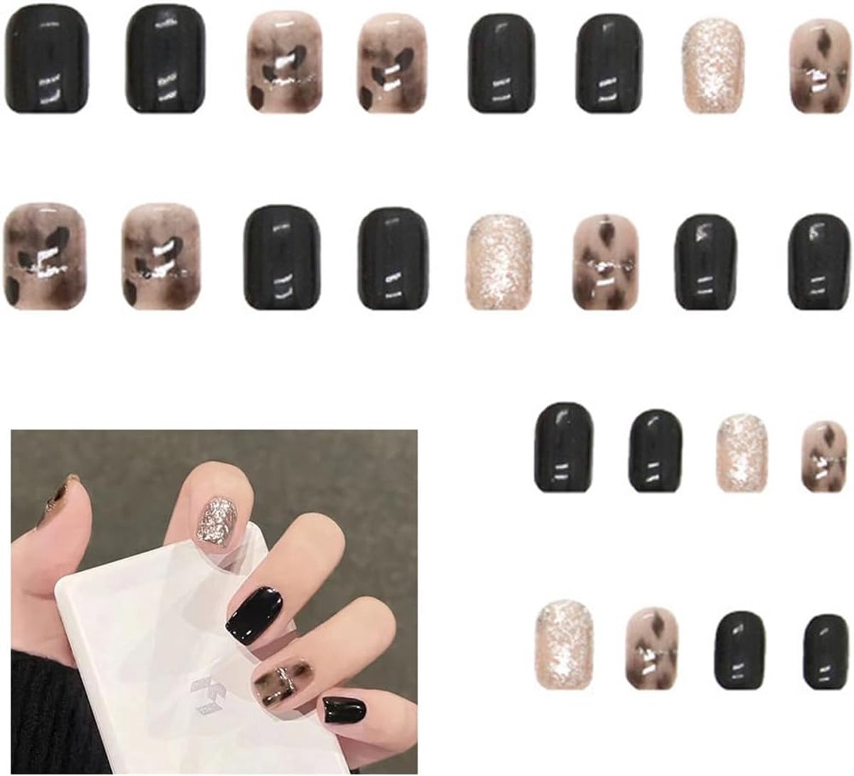 Press on nails set 24 - amandelvormig kort - Franse nagels met glitters - stijlvolle look - ShopVlot