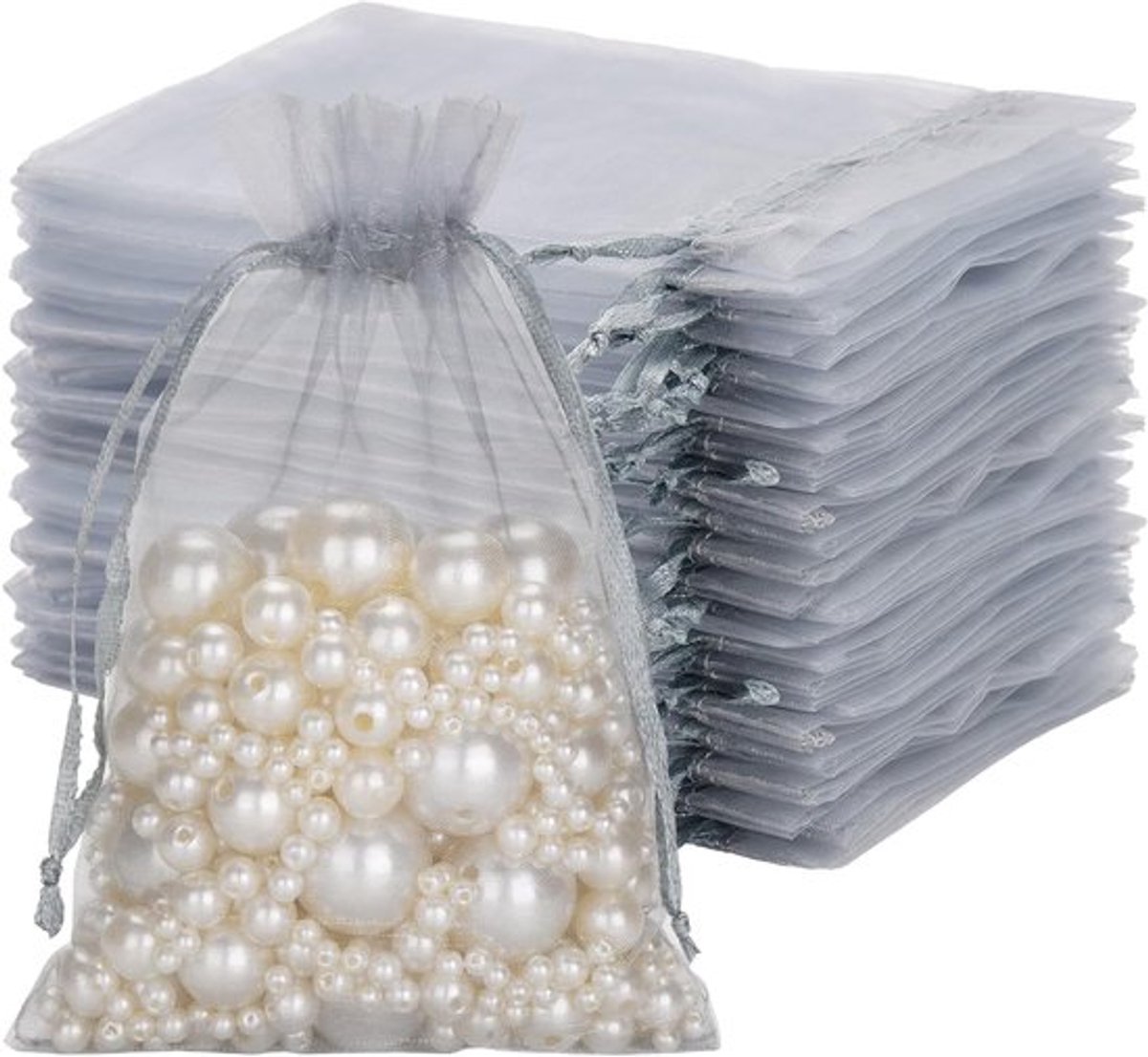 Organza Zakjes 10 x 15 cm - 50 Stuks Zilvergrijs Trekkoord Tassen voor Trouwen, Cadeaus en Snoepjes