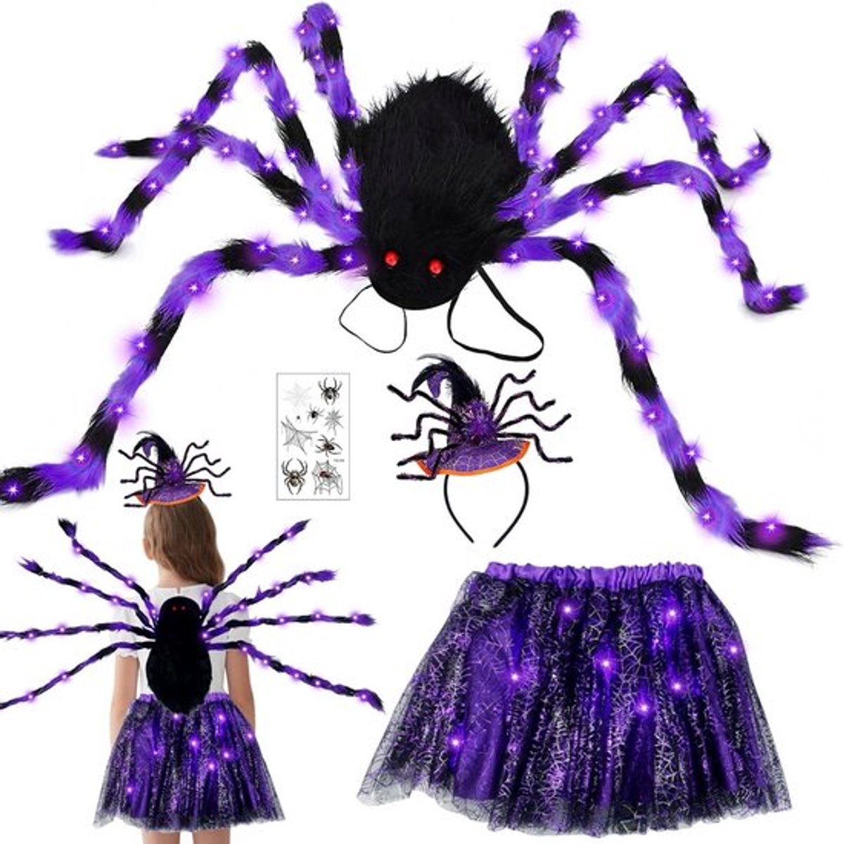 Spinnenkostuum voor Meisjes met LED Verlichting, Tulle Rok en Rugzak voor Halloween en Carnaval