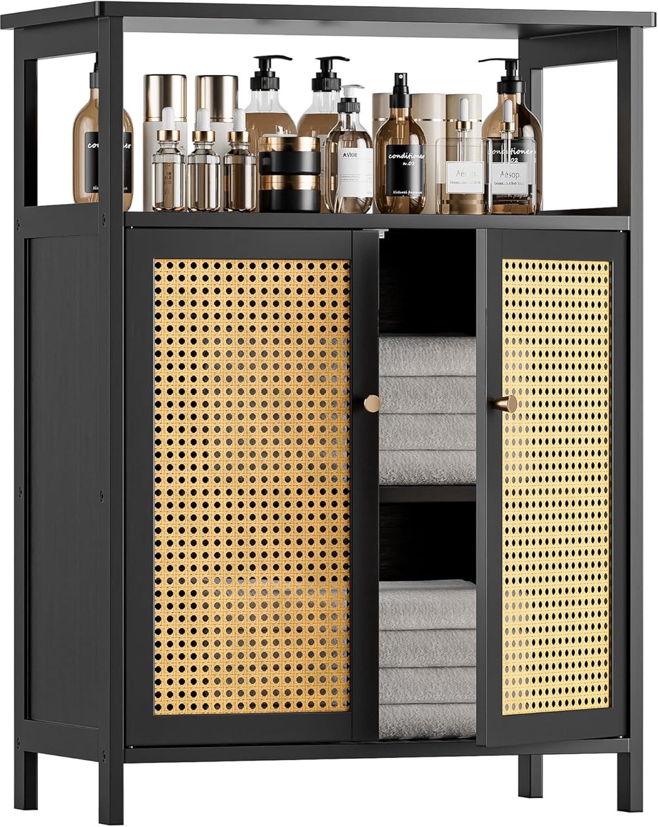 Bamboe opbergkast - Vrijstaand zwart - 2 wicker deuren - Ideaal voor badkamer en keuken - ShopVlot