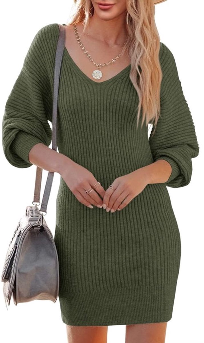 Gebreide Jurk V-hals - Casual Jurk - Lange Mouwen - Mini-lengte - Ballonmouwen - Zacht en Elastisch Materiaal - Trui