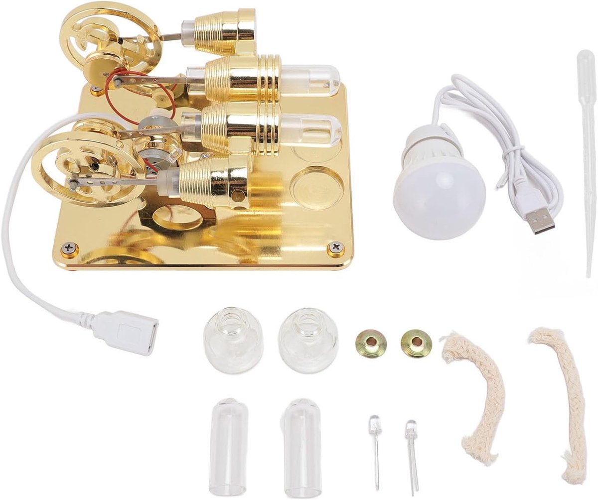 SnelShoppen - 4 Cilinder Hete Lucht Stirling Motor Miniatuur Generator voor Kinderen en Studenten, Ideaal voor Natuurkunde Projecten, Gouden Kleur