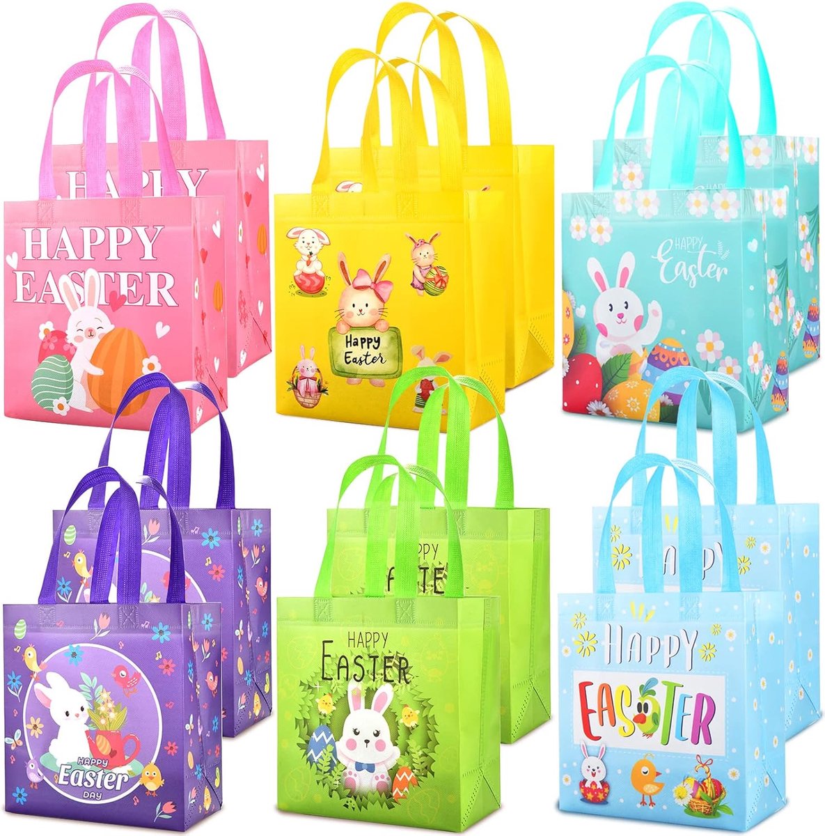 SnelShoppen - Herbruikbare Paasgeschenkzakjes 6/12 stuks, Paashaas Eierzakken, Niet-geweven Tas met Handgrepen voor Paaseierenjacht en Feestbenodigdhe