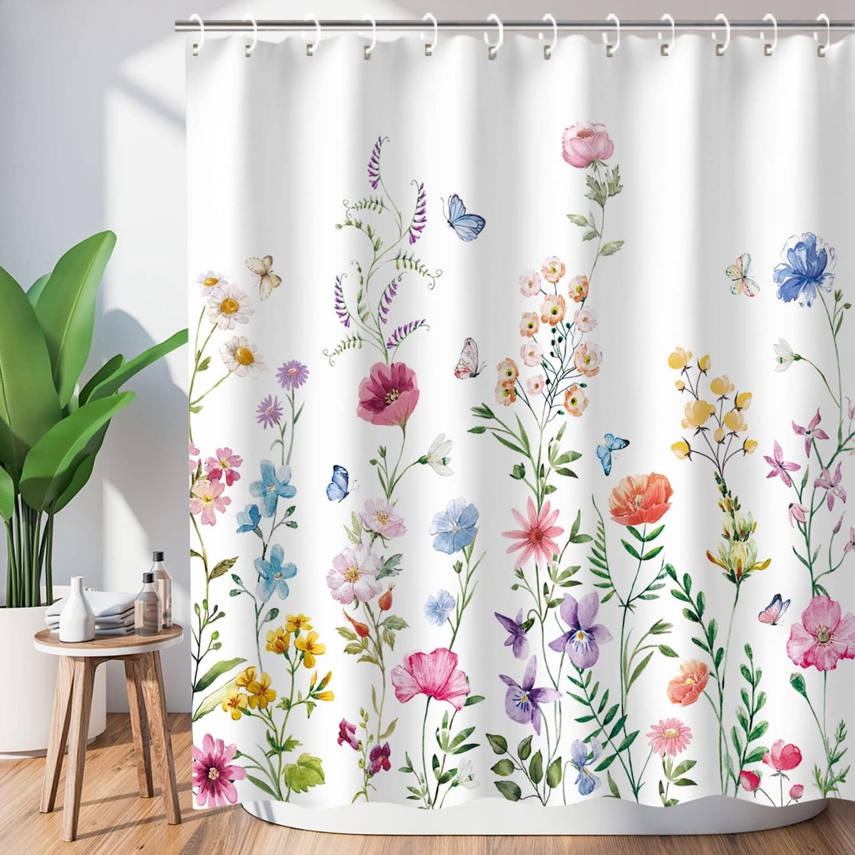 KZQ Bloemen douchegordijn 180x200 cm met haken - Waterverf planten design - Wasbaar en decoratief voor badkamer - Wildflower patroon - Geschikt voor elke badkamerstijl - Multicolor