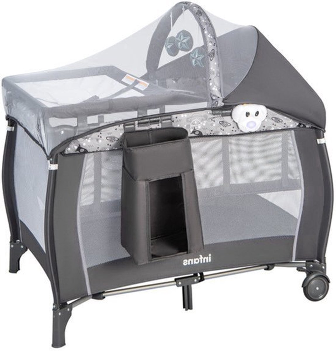 Boxspringbedje – Reisbedje – Kinderbed – Speelplek – Commode – Opvouwbaar – Met Wieltjes – Met Muziekdoos – Grijs