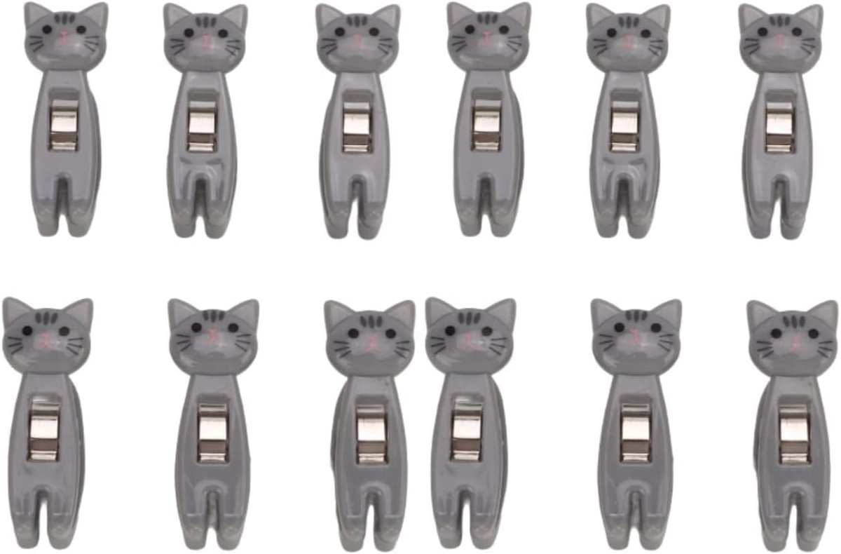 SnelShoppen - 12 Stuks Schattige Kat Kledingknijpers, Cartoon Kat Sealing Chip Clips, Mini Kledingclips Met Metaal Veer, Grijs - Ideaal Voor Keuken, F