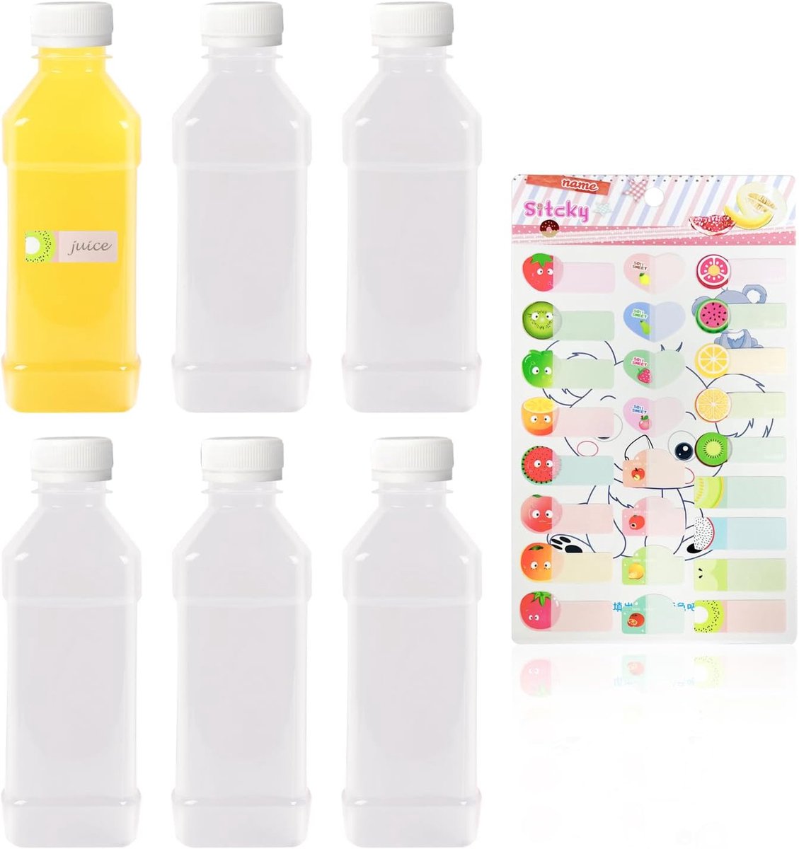 SnelShoppen - Set van 6 transparante sapflessen 250ml met witte deksels - Herbruikbare PET fles voor sap, melk en dranken - Inclusief fruitstickers vo