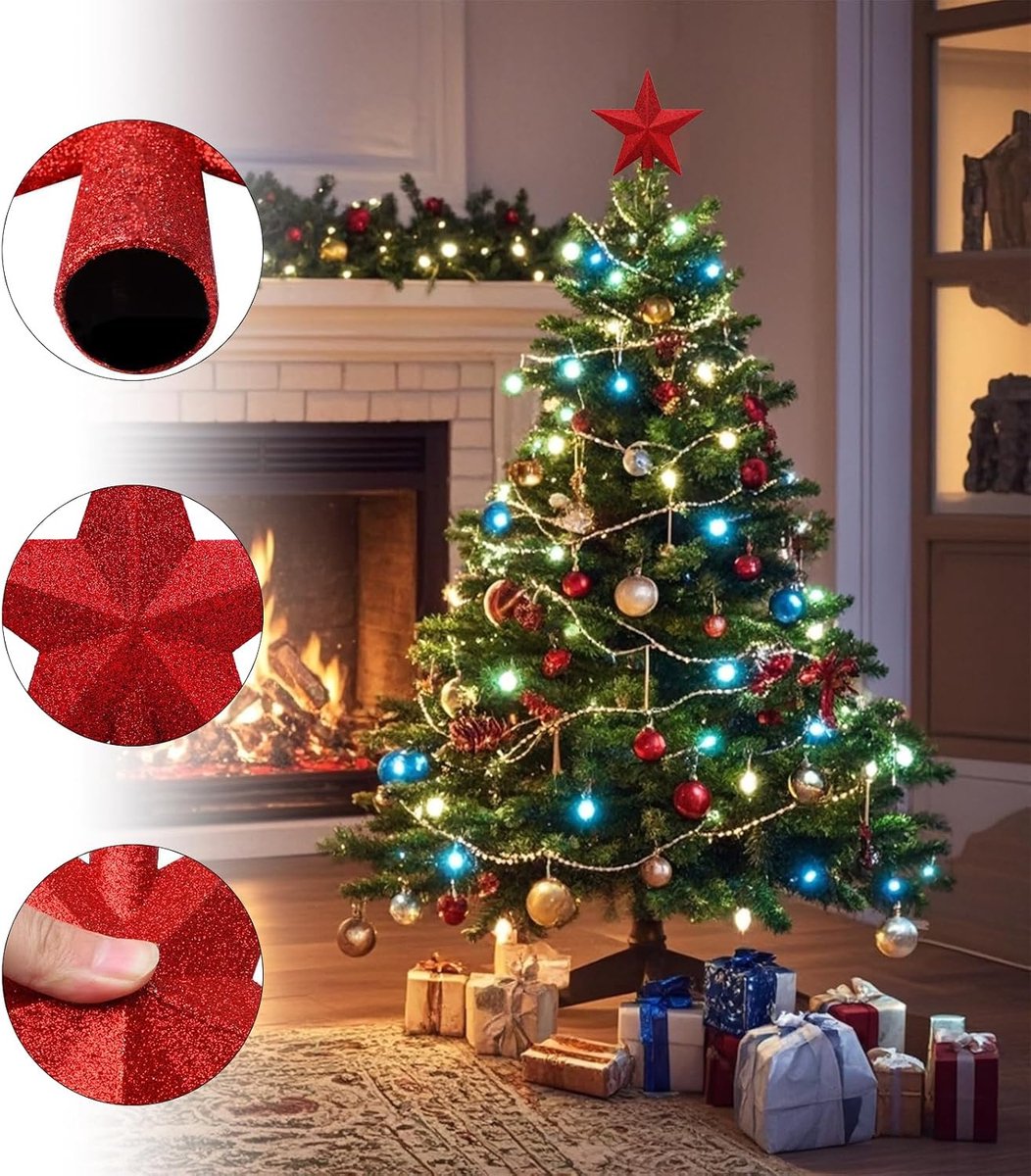 Kerstboomster - 10cm - Rood - Shiny ornament voor kerstboomdecoratie - ShopVlot