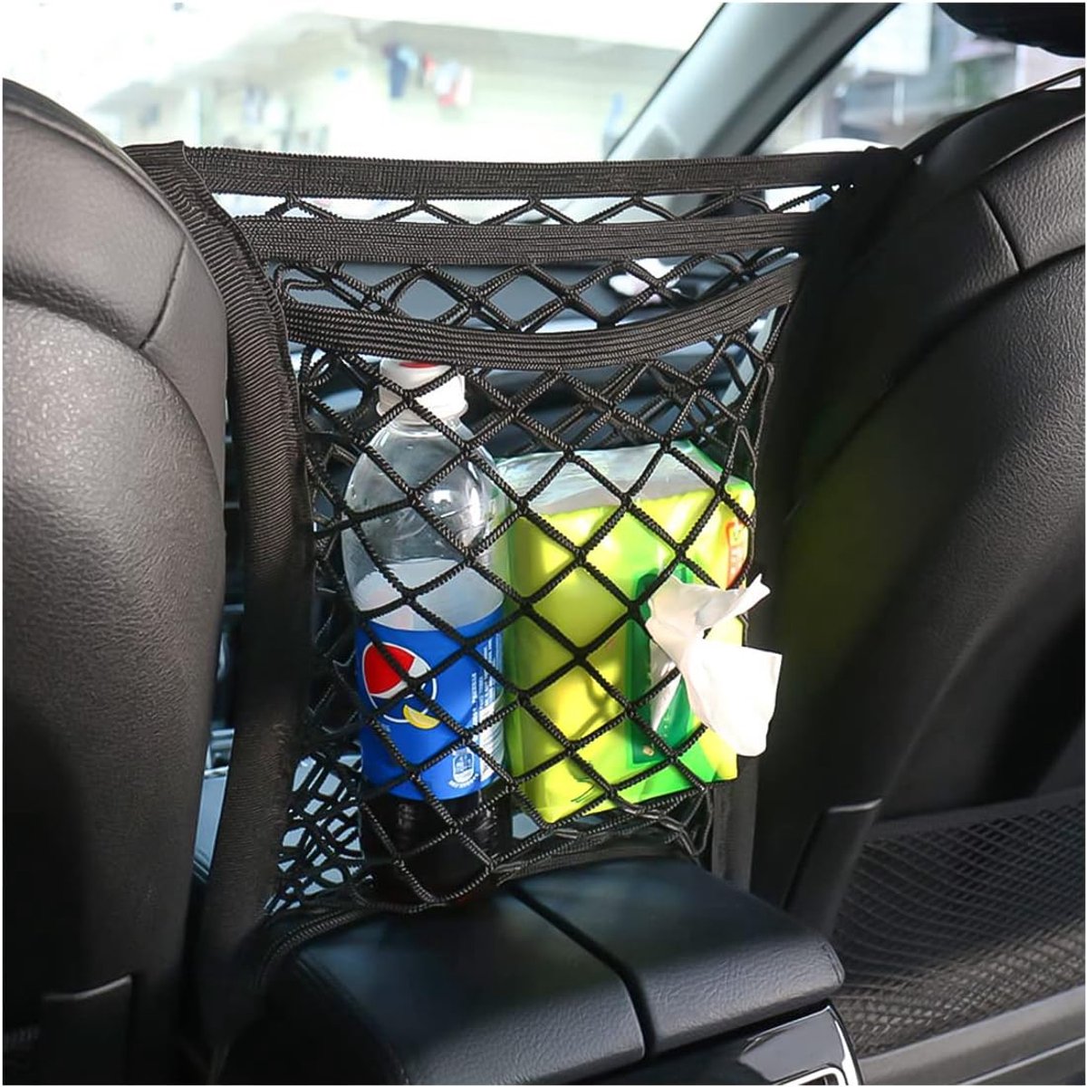 SnelShoppen - 3-Lagen Auto Mesh Organizer, Flexibele Zitbank Netzak, Opbergnet voor Flessen, Tas, Tissue en Boodschappen, Barrière of Achterbank Kids