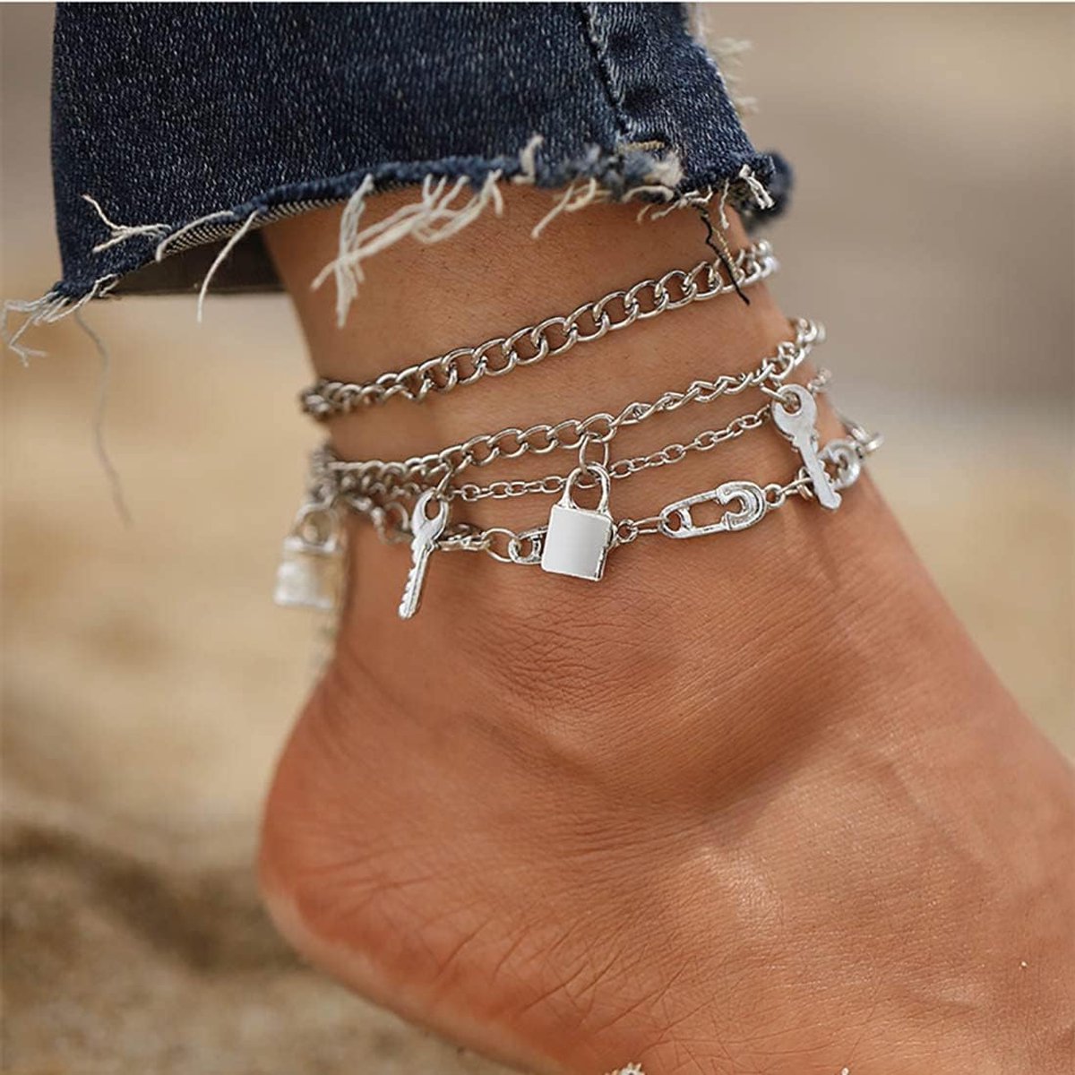 SnelShoppen - Bohemian Hart Slangen Enkelbandje Met Vlinder Sleutel Slot Kralen Ketting Voor Vrouwen en Meisjes - Verstelbaar Voor Zomer Feestjes, Str