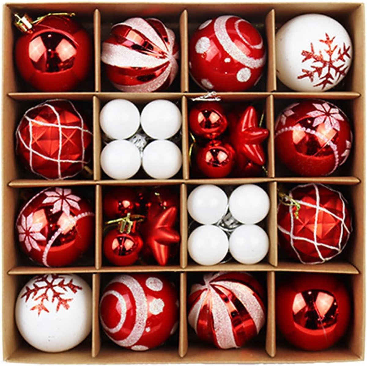 SnelShoppen - Kerstballen met Doos, Plastic Kerstballen 6 cm, Witte en Rode Kerstballen, Versiering voor de Kerstboom, 42 Stuks, Kindvriendelijk en Du