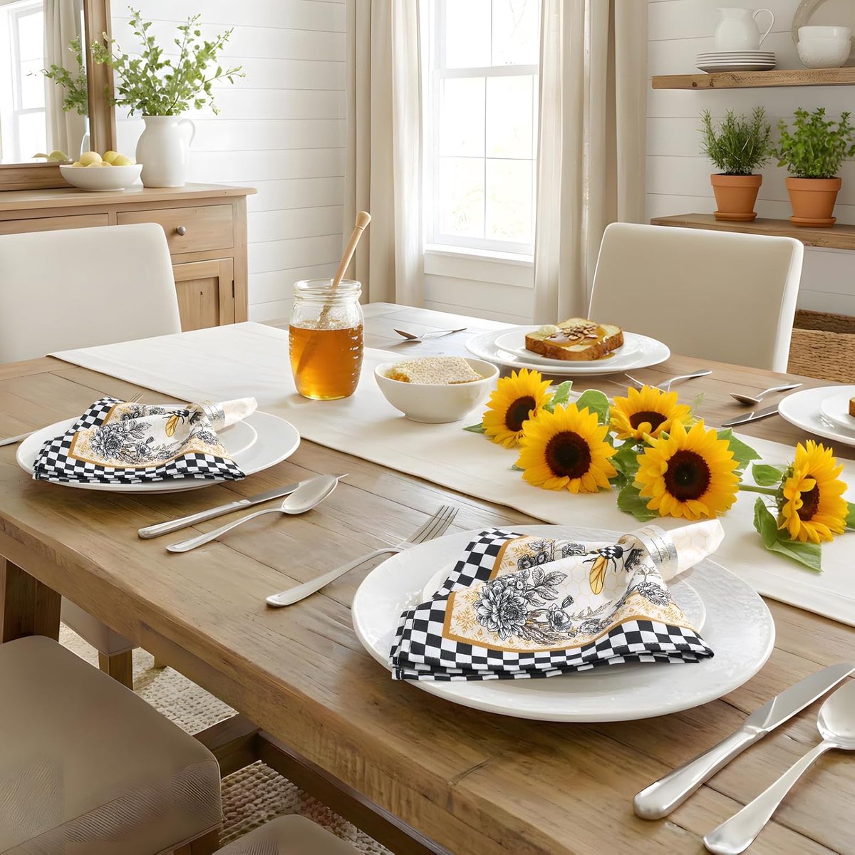 SnelShoppen - Retro Bijen Servetten, Set van 4, 100% Katoen Gecontroleerde Buffalo en Comfortabele Herbruikbare Servetten voor Gezinskeuken Decoratie