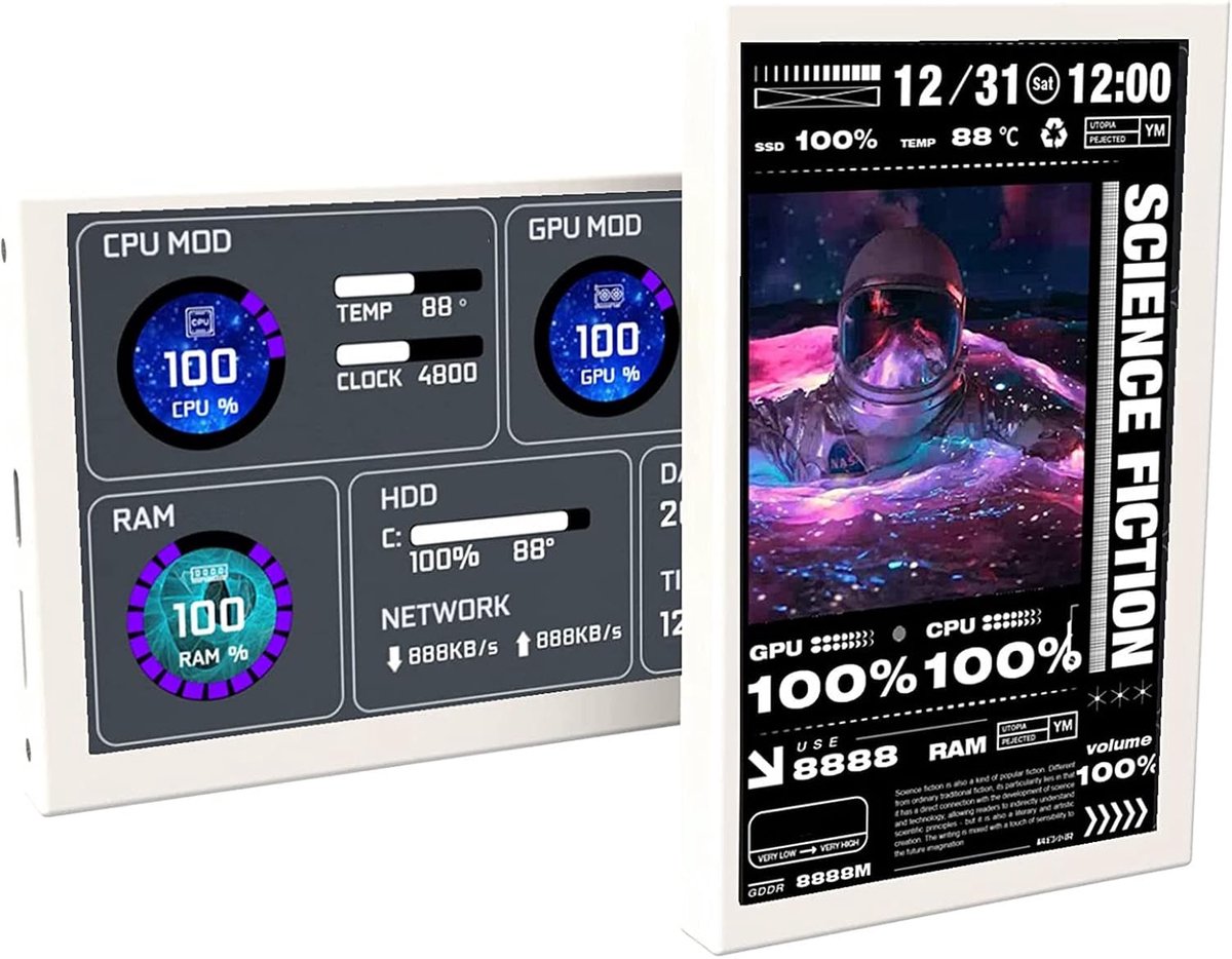SnelShoppen - 5 Inch IPS USB Mini Scherm, Tweede Monitor voor Computerbehuizing met Temperatuurweergave, Type C Sub-Scherm met Beugel, 360 Graden Rota