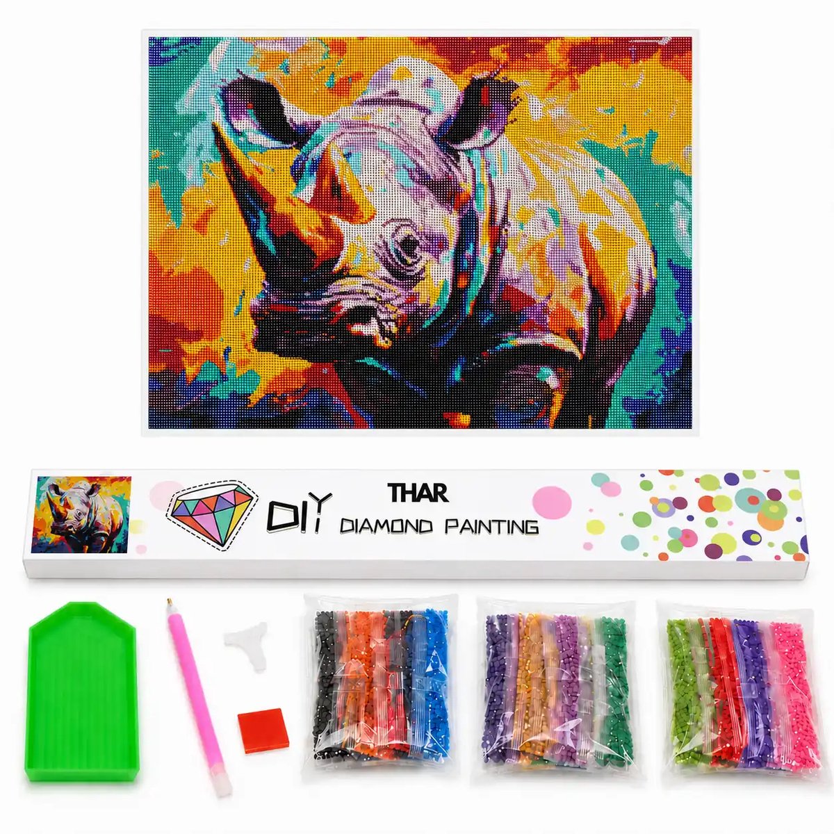 THAR Diamond Painting Kleurrijke Neushoorn 40x50 cm - Ronde Steentjes