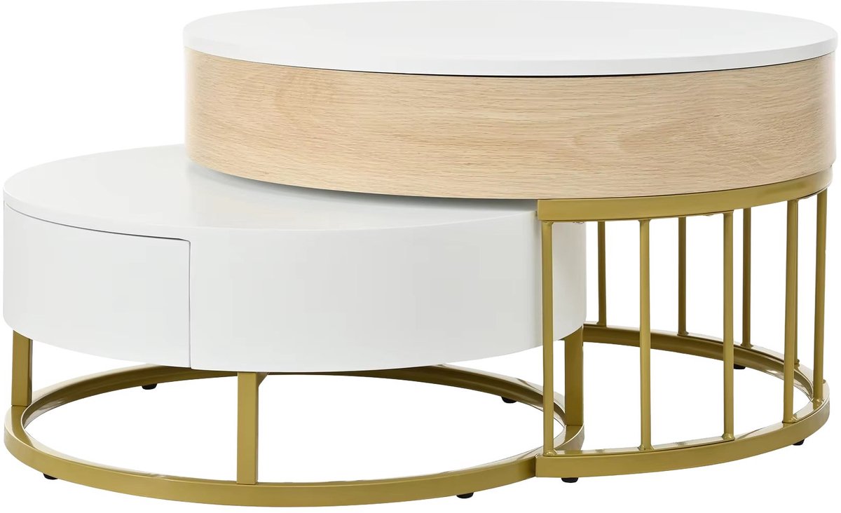 Happiq Bijzettafel Set van 2 - Hoogte Verstelbare Ronde Salontafel met Opklapbaar Blad en Lade - Moderne Tafel met Verborgen Opbergruimte Wit