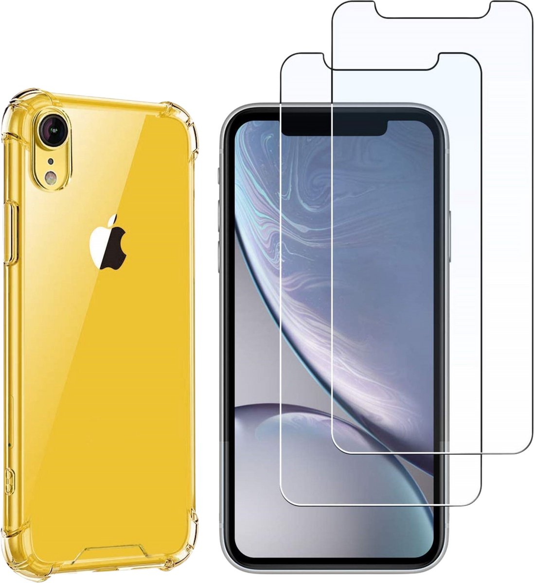 Hoesje geschikt voor iPhone XR backcover Shockproof siliconen Transparant en 2 stuks Screenprotector Gehard Glas