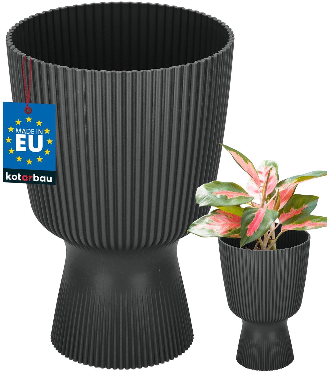 KOTARBAU® Bloempot - Plantenpot met Sokkel ⌀ 14 cm - PVC - Geribbelde Orchideeënpot - H: 21 cm - Zwart - Kelkvorm