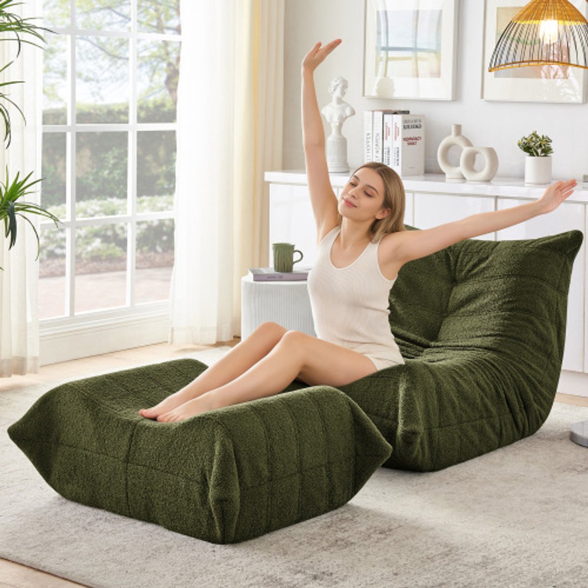 Luie bank met rugleuning en voetenbankje, relaxfauteuil, zachte teddybeer zitzak vloerstoel om te lezen, comfortabele eenpersoons vloerbank voor woonkamer, slaapkamer, studeerkamer, appartement, groen