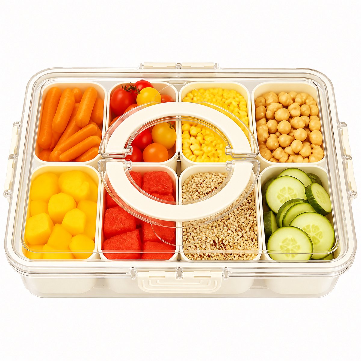 Snackbox van kunststof met 8 uitneembare vakken - Transparant deksel met handvat en 4 clips - 28 x 21 x 6,5 cm - Voor fruit, noten en snacks - Koelkastgeschikt