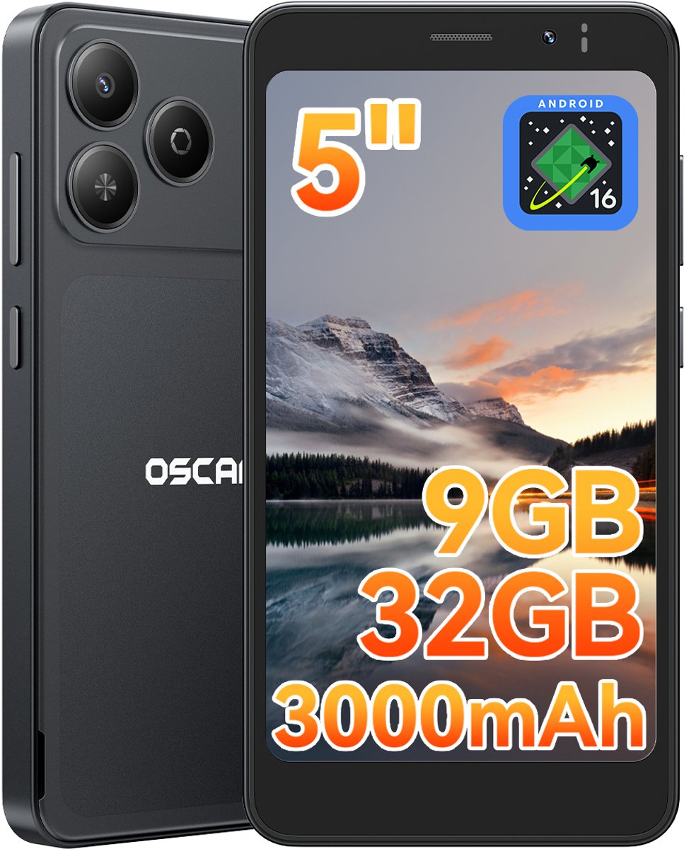 OSCAL FLAT 3C Mini Smartphone - 4G AI - DUAL SIM - 12GB RAM - 32GB ROM - Android 16GO Telefoon - 5 inch - 3000mAh - 2MP+5MP - GPS - Zwart
