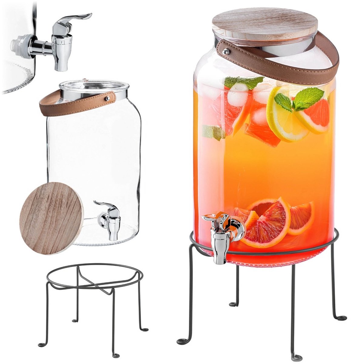 KADAX drankdispenser 5,6 liter met standaard, limonadedispenser met tapkraan en deksel, grote waterdispenser van glas op metalen onderstel, sapdispenser, drankreservoir, glazen reservoir