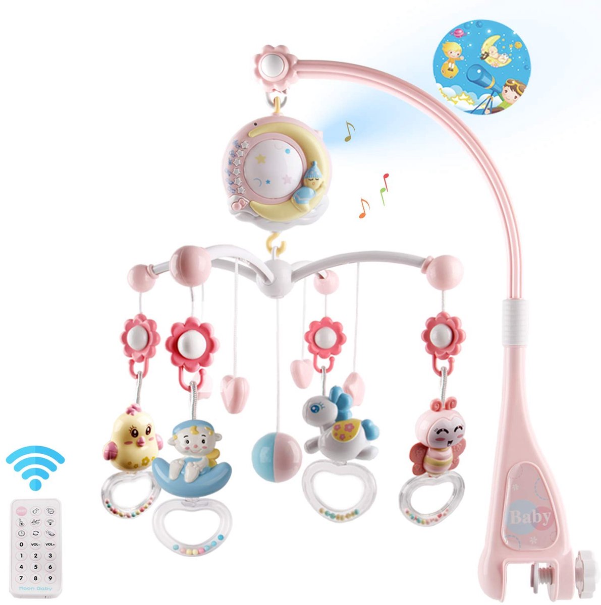 Wiegbel Met Licht- En Muziek Effecten Projector Nachtlampje, Hangend Draaiend Baby Muziek Speelgoed - Afstandsbediening 150 Slaapliedjes Timer Afneembare Bijtring - Roze