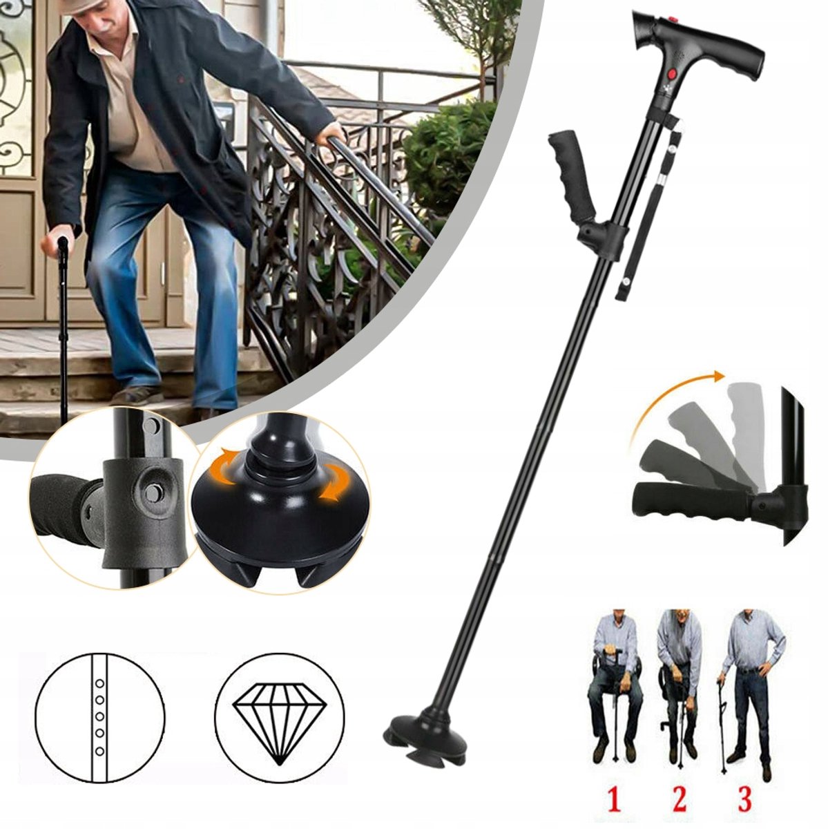 Opvouwbare Wandelstok Met LED-Verlichting En Veiligheidsalarm – Verstelbare Hoogte 4-Punts Basis Ergonomische Zijhandgreep Lichtgewicht Aluminium – Voor Ouderen En Revalidatie