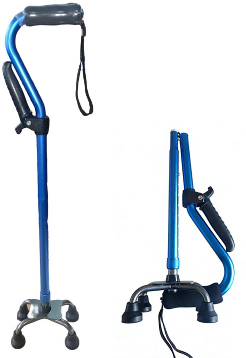 Wandelstok Opvouwbaar - 8-traps Hoogteverstelling - Dubbel Gripontwerp - Vierpotige Basis - Blauw