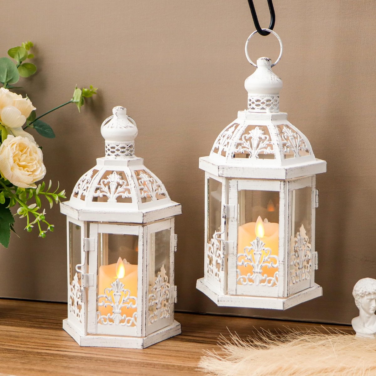 Solidchoice - Set van 2 Witte Metalen Decoratieve Kaarslantaarns voor Buiten