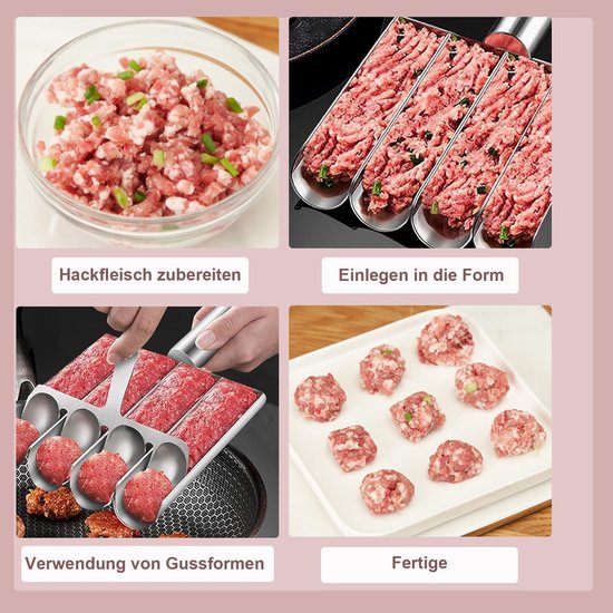 Roestvrij stalen gehaktbalvorm met 4 buizen en snijschep - Multifunctionele meatball maker voor gehaktballen, visballetjes en krabballetjes — afbeelding 3