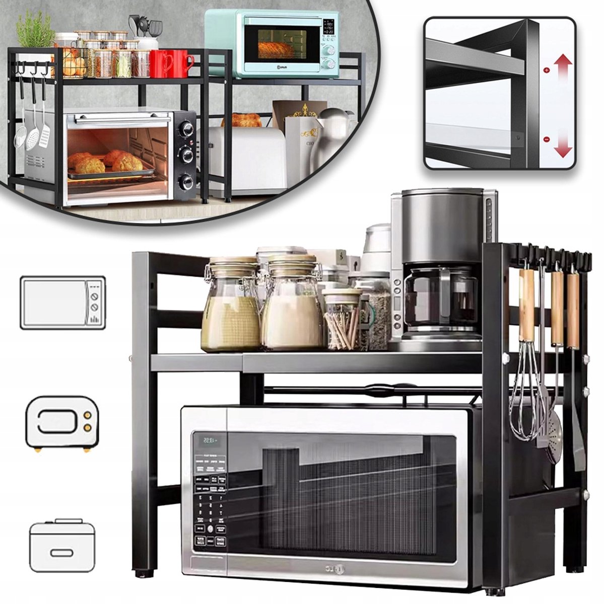 Verstelbaar Keukenrek 40-64 cm Met 6 Haken - Robuust Koolstofstaal Draagvermogen 30 kg Corrosiebestendig - Ruimtebesparend Voor Magnetron En Oven