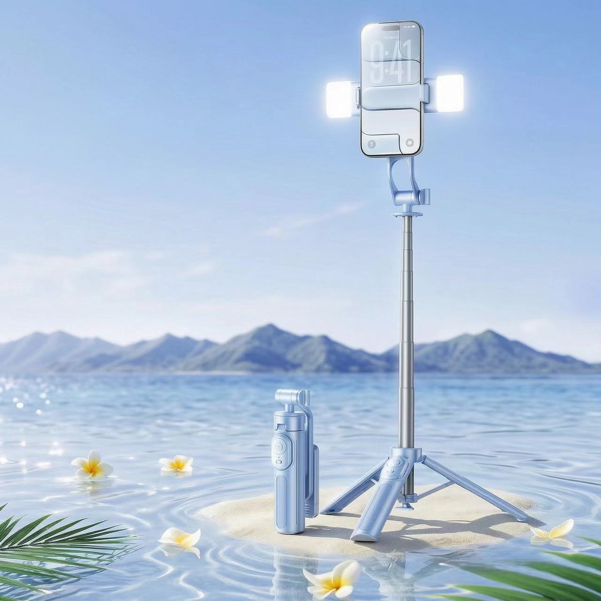 Namajunas - Mini selfiestick - Tripod - Met afneembare dubbele beauty lampen - 20 meter bluetooth afstandsbediening - 360° draaibaar en verstelbaar - 180° op- en neerwaartse hoek - Ultralight carbon staal - Compact en draagbaar - Universeel