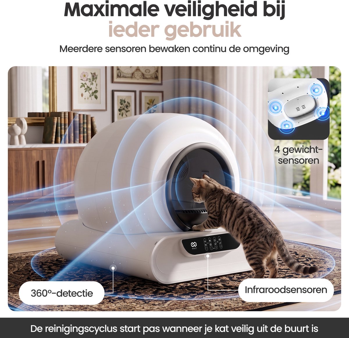 Infinity Goods Automatische Kattenbak XXL - Zelfreinigende Kattenbak - Incl. App - 75L - Met Kattenbakmat en 3 Rollen Opbergzakjes thumbnail 2