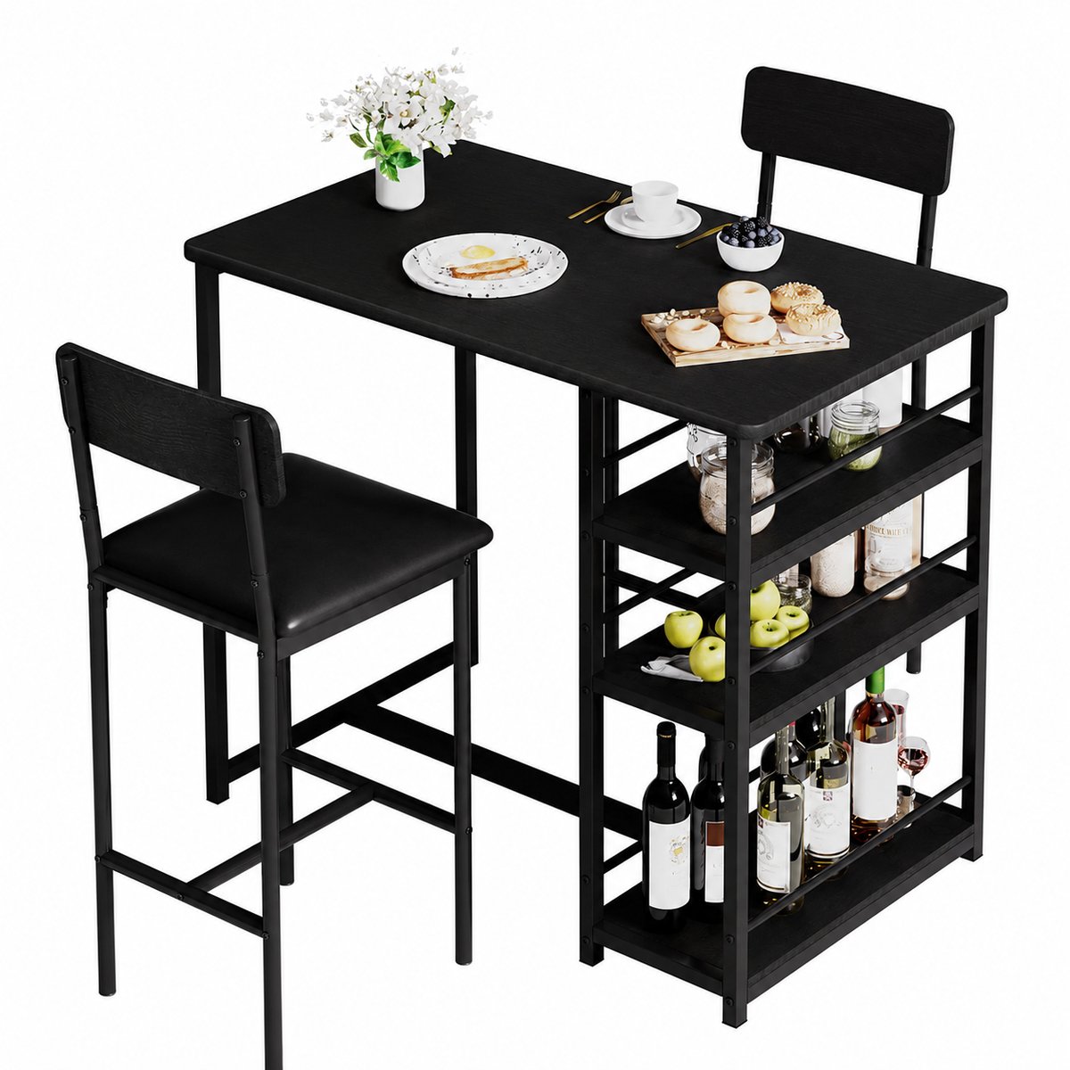 DayeLabel Eettafel set - Eetkamer set - Bartafel en stoelen - Keukentafelset - 2 gestoffeerde stoelen - Opbergplanken - Zwart