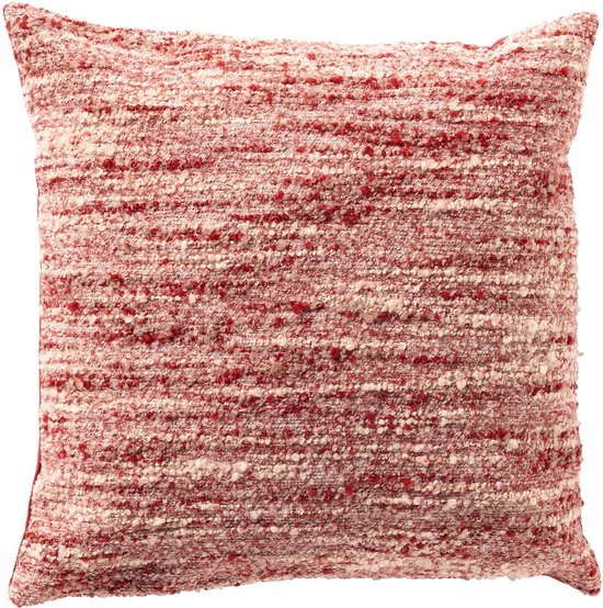 Kussenhoes van bouclé met strepen in rood, roze en wit. Met ritssluiting.