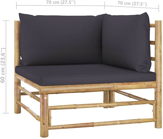 Bamboe hoekbank met donkergrijze kussens, afmetingen 70 x 70 x 60 cm.