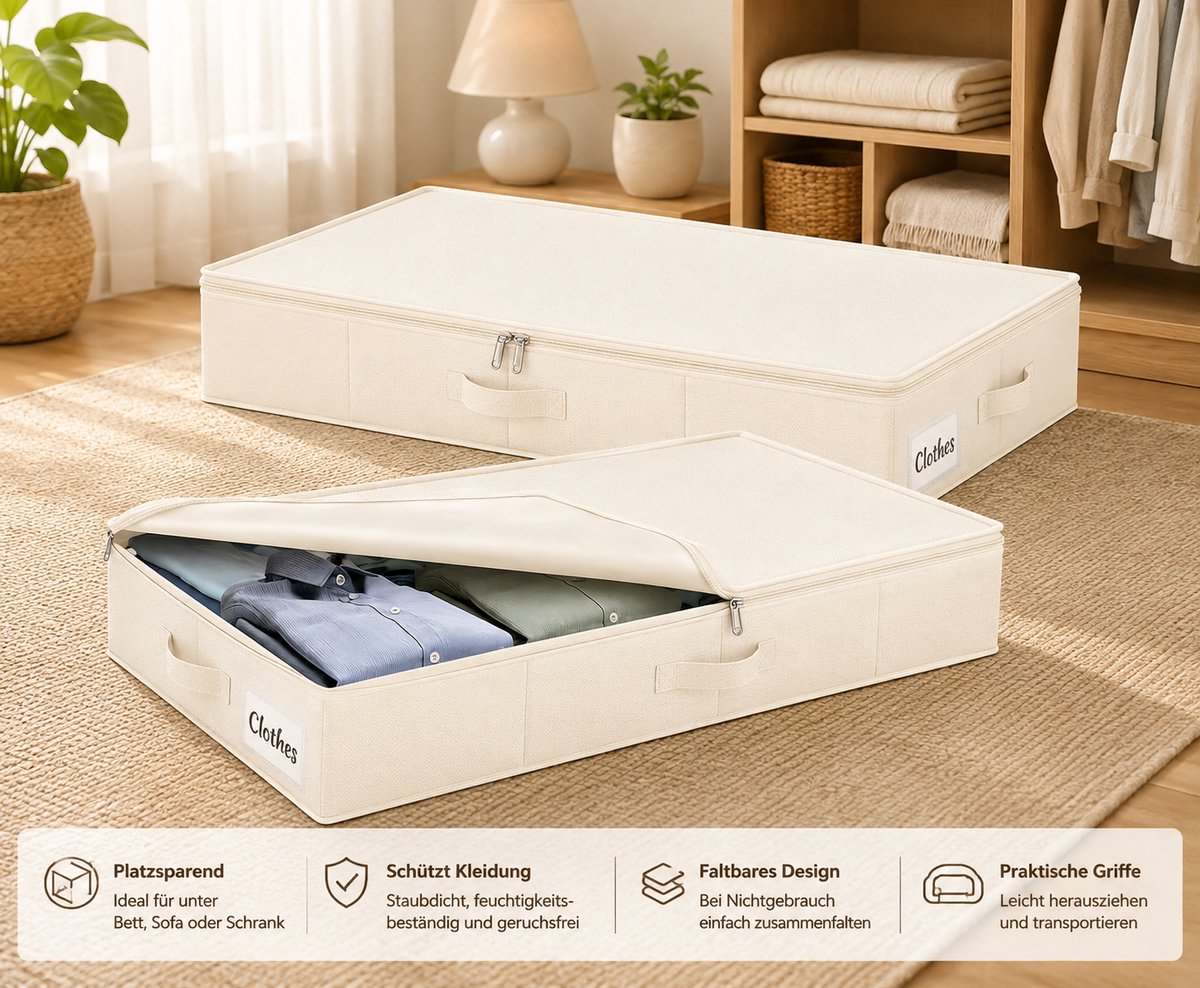 Opbergdoos voor onderbed met deksel, 12 cm hoog, 2 stuks, opvouwbare opbergruimte voor onder het bed, wasbare kledingopslag en organisatie, 3 handgrepen, ritssluiting, opbergdozen voor kleding, dekens