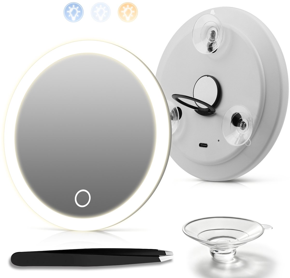 30x Vergrootspiegel met LED – 3 Kleuren & Dimbaar – Zuignappen – Oplaadbaar – Voor Make-up