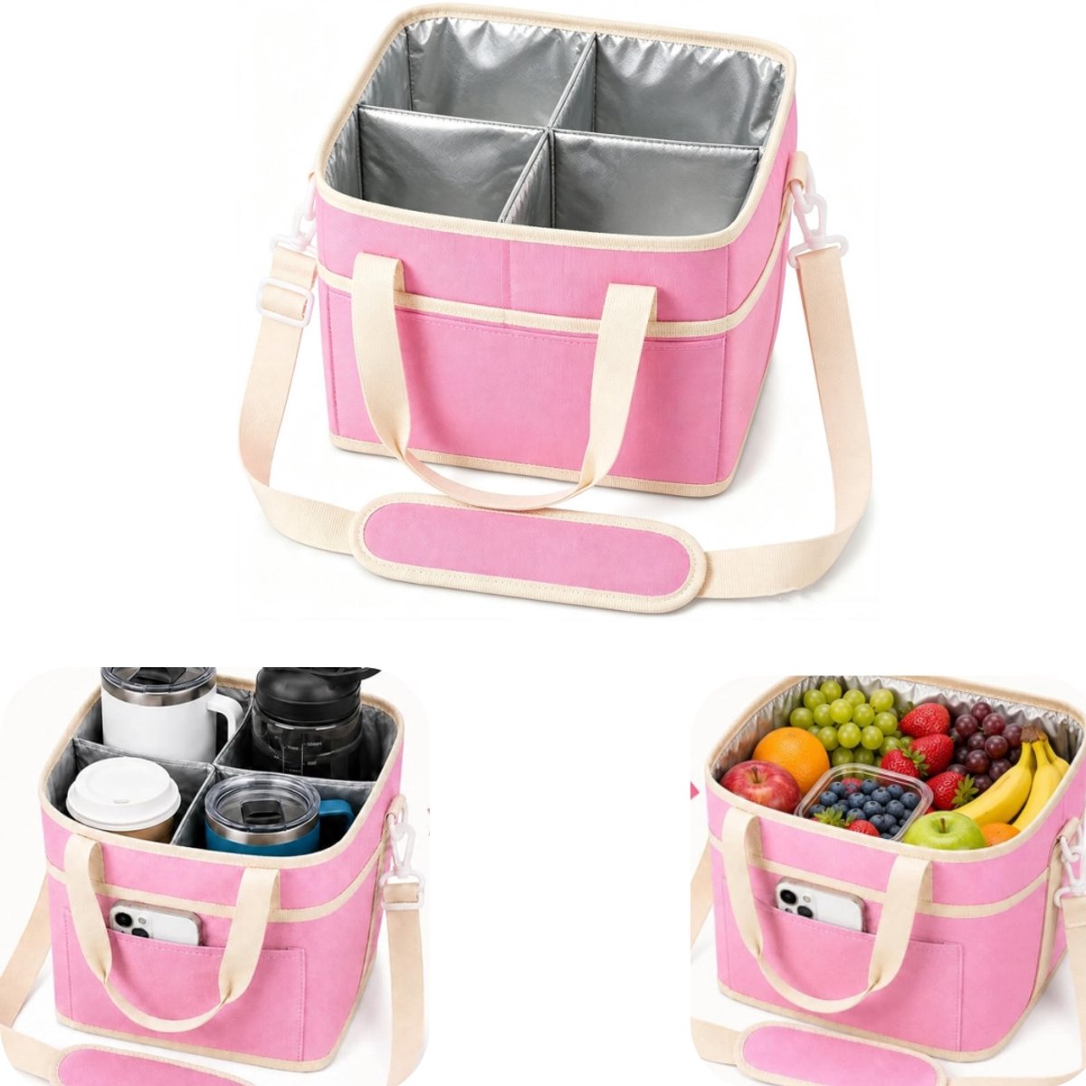 Thermotas - Drinktas - Geïsoleerde tas - Picknicktas - Voedselopslagzak - Verstelbare schouderriem - Afneembaar tussenschot - Verdikt - Slijtvast - Grote capaciteit - Huisaccessoires - Geschikt voor picknick, reizen, herfstuitstapjes (roze, 20*19 cm)