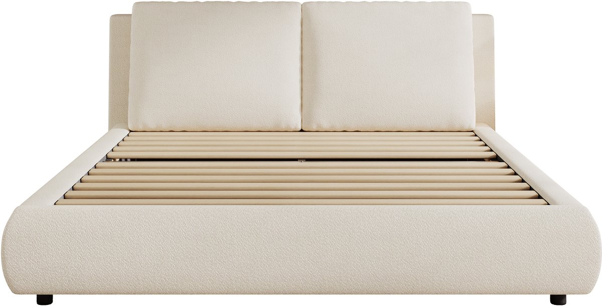VVBV Tweepersoonsbed 180x200 cm - Gestoffeerd Hoofdbord, Met Lattenbodem - Beige, Bouclé