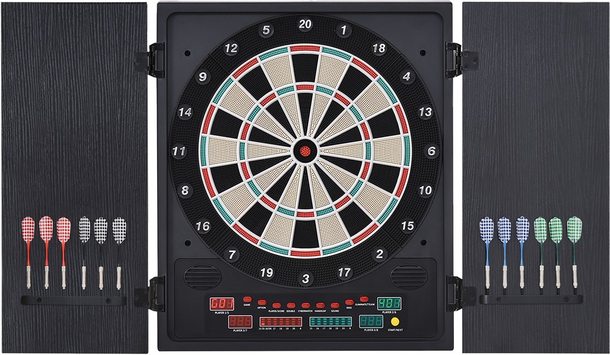 Elektronisch Dartbord in Kast - Soft Tip - incl. 8 spelers-27 Spellen - 20 variaties - LED-scherm