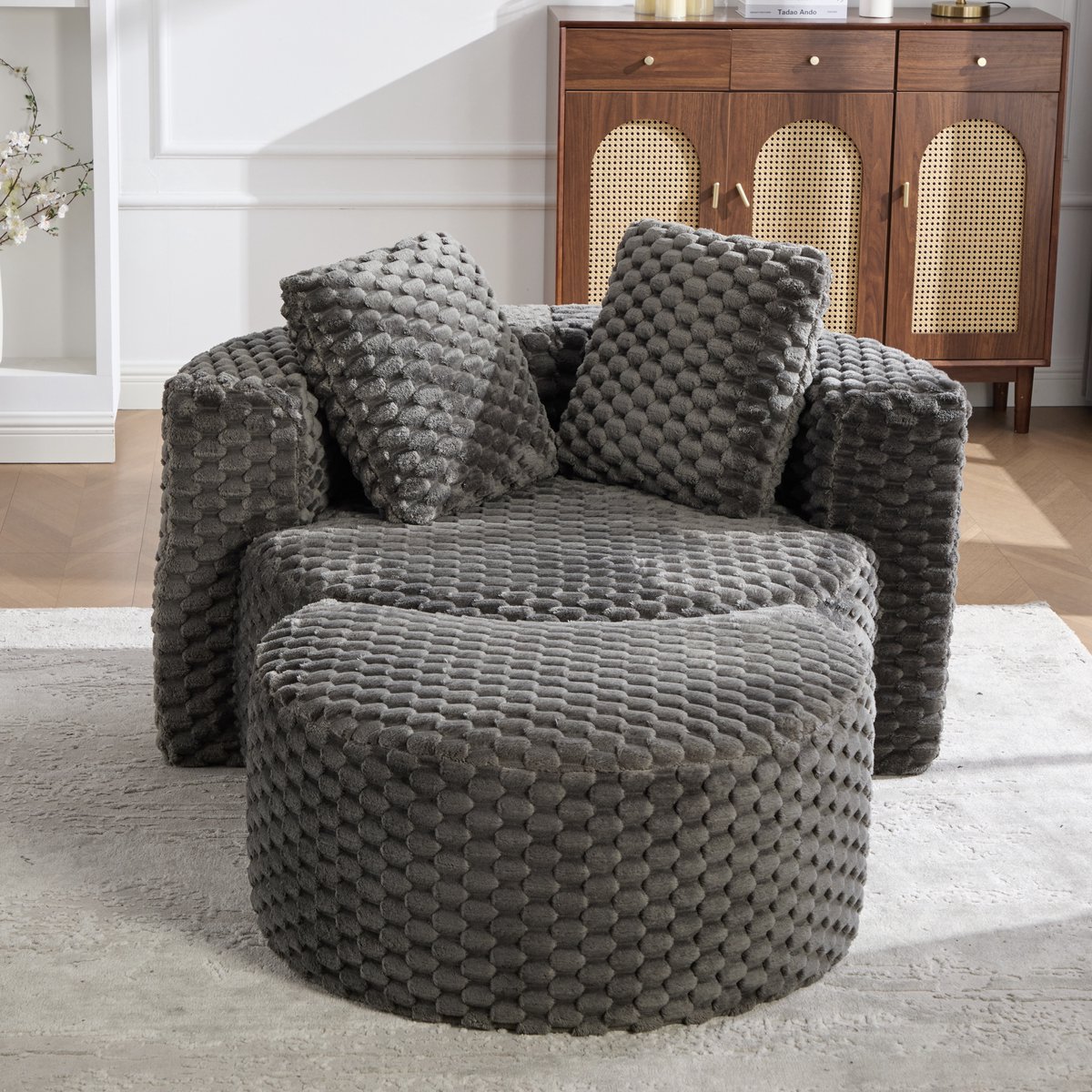 Dunkelgrauer Runder Schlafstuhl met Hocker - Übergroßer fauteuil 130x115x103 cm - comfortabeler Einzelse... - 129x116x65 cm, Donkergrijs