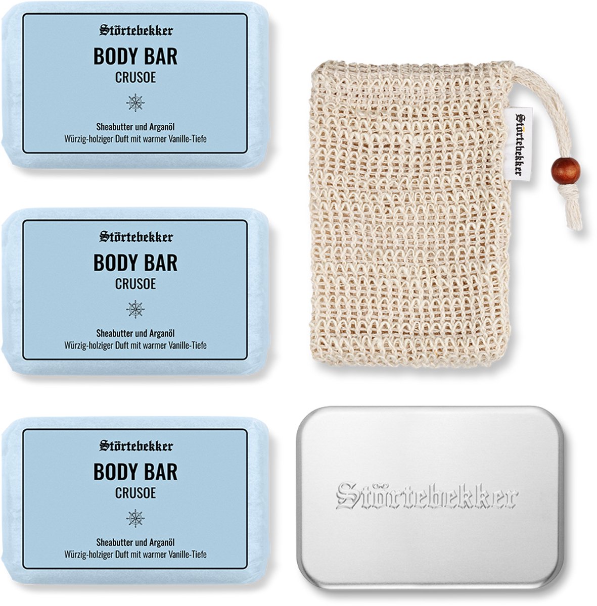 Störtebekker® Premium Douche Set Body Crusoe - Shower Set Heren met Frisse Citrus & Zachte Vanille - Vaste Douchezeep (3x 120g), Sisal Washandje & Zeepdoos - Vegan met Sheaboter - Handgemaakt in Nederland - Plasticvrij