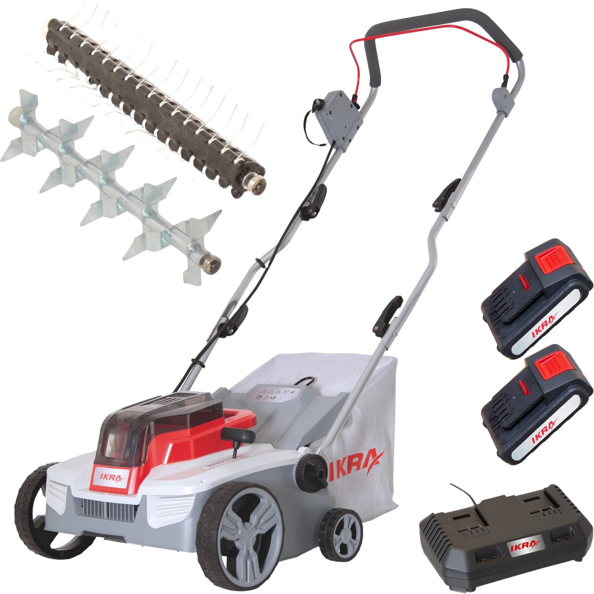IKRA 3-in-1 accu-verticuteermachine en gazonbeluchter IAVL 2-2032, 32 cm werkbreedte, werkdiepte +3 tot -9 mm, 30l opvangzak, 2 x 20V (2,0 Ah) accu’s & snellader