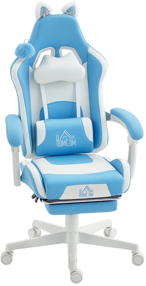 Ergonomische Gamingstoel met Kattenoortjes, Uitschuifbare Voetensteun - 135° Verstelbare Rugleuning - In Hoogte Verstelbaar - Relaxfauteuil - Bureaustoel - TV Stoel - Zeeblauw